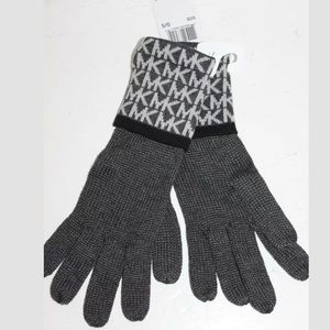 Michael Kors Black Gray MK Logo Knit Gloves NWT